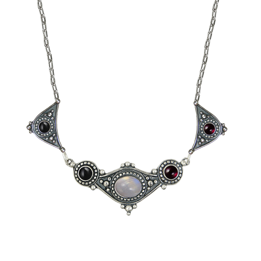 Sterling Silver Romantic Necklace With Rainbow Moonstone And Garnet